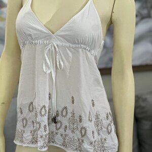 Vintage Y2K Guess Jeans Cotton Embroidered Self-Tie Halter Top Hidden Zip Small